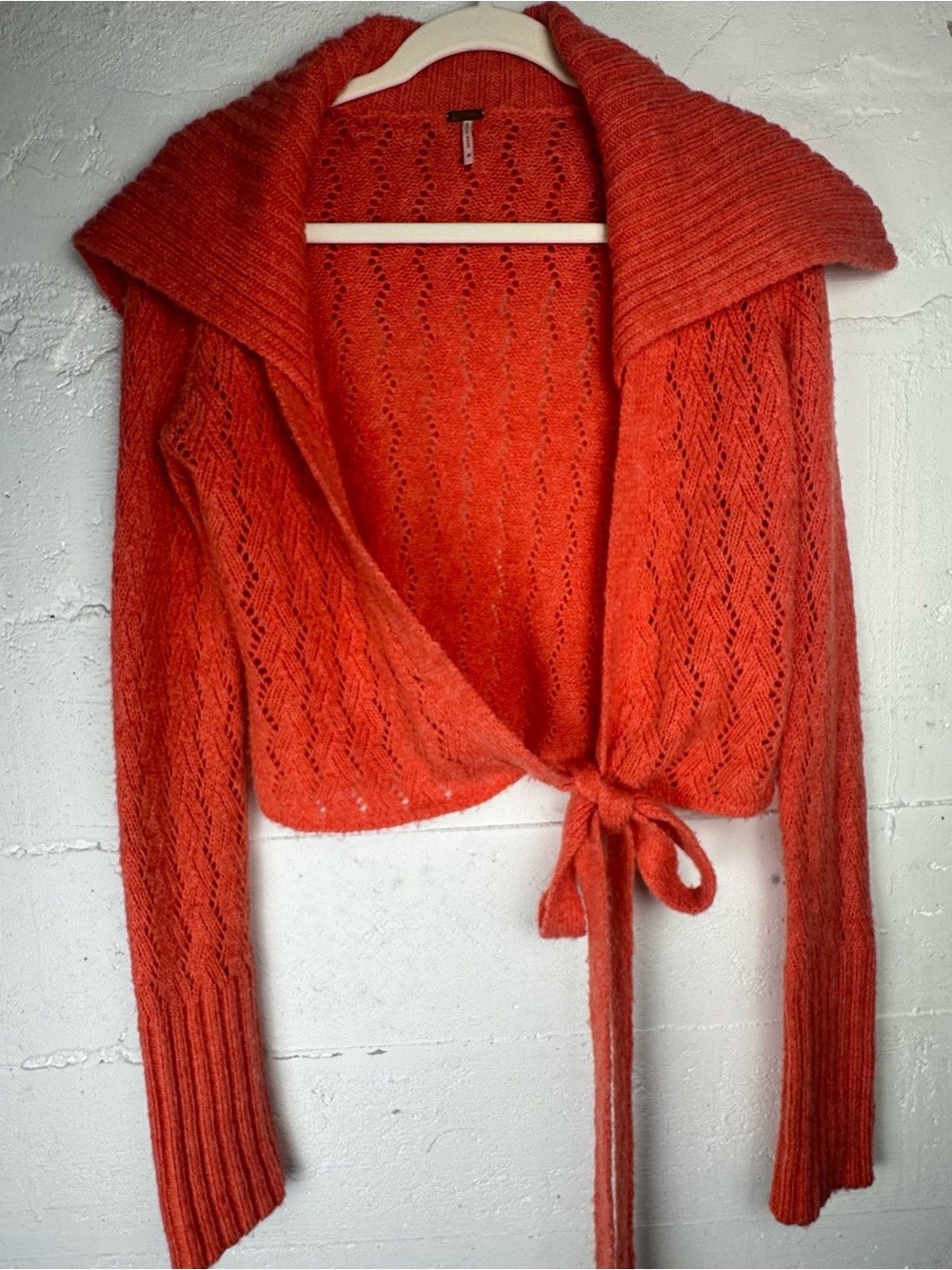 Free People Orange Salmon Open-Knit Tie-Front Sweater Pointelle  Cardigan M wool